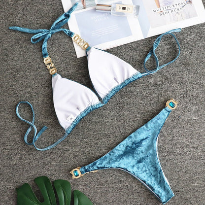 New Blue Gold Velvet Women's Split Swimsuit Crystal Diamond Bikini Set