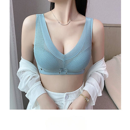 Wireless Vest Style Hollow Breathable Thin Cotton Deep V Pattern Push-up Bra