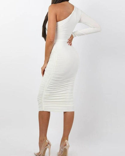 One Shoulder Ruched Design Bodycon Dress For Women