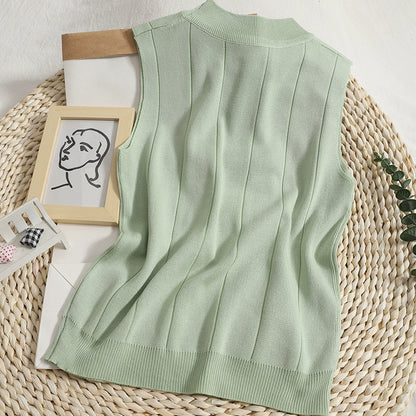 New Korean Version Solid Color Knitted Round Neck Sleeveless Vest T-shirt Top