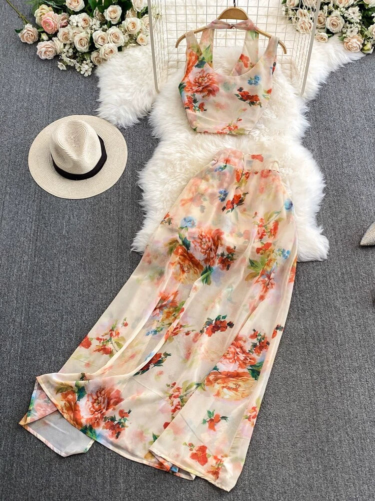 Summer Refinement Chic Floral Vest and Skirt Combo