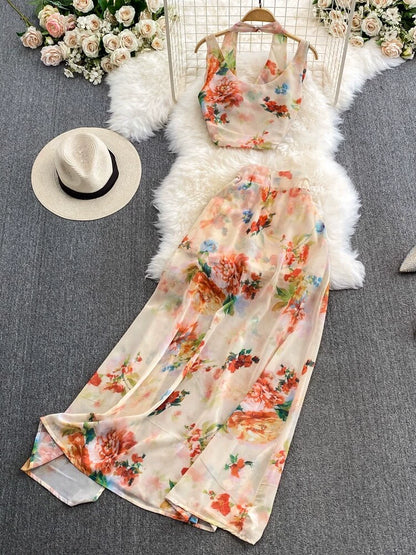 Summer Refinement Chic Floral Vest and Skirt Combo