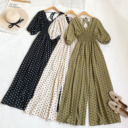 Summer V-neck polka-dot high-waist lace-up bubble short-sleeved jumpsuit