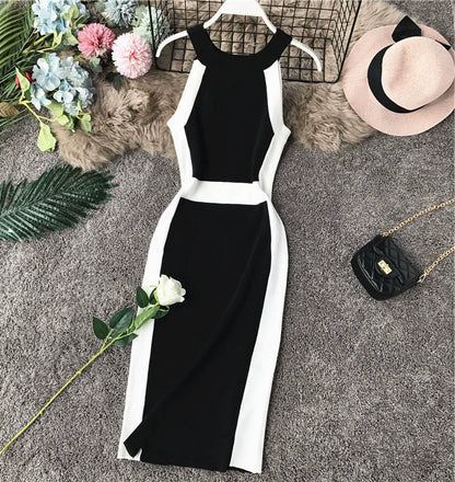 Elegant Off-Shoulder Halter Neck Black and White Bodycon Dress