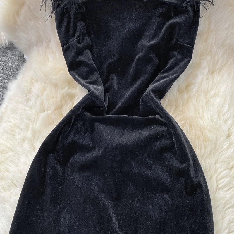 Luxury Velvet Slit Slim Waist Black Suspender Bodycon Dress