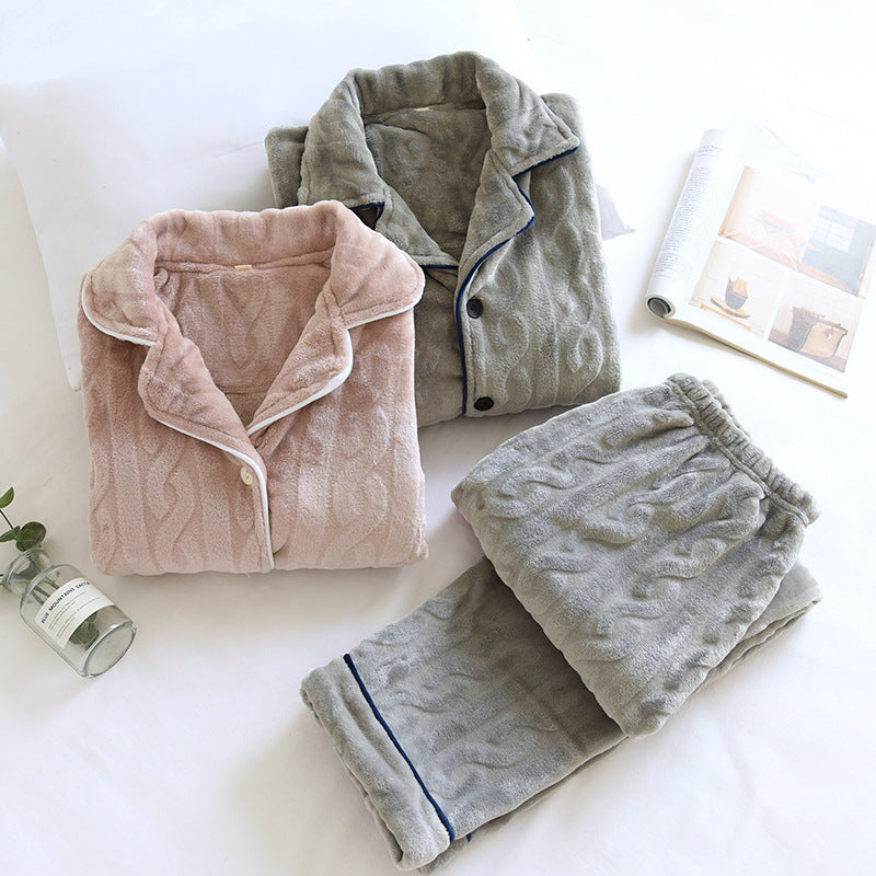 Couple PJs Coral Velvet Thickening Air flannel Pink Women And Grey men's autumn and winter Loungewear Suit