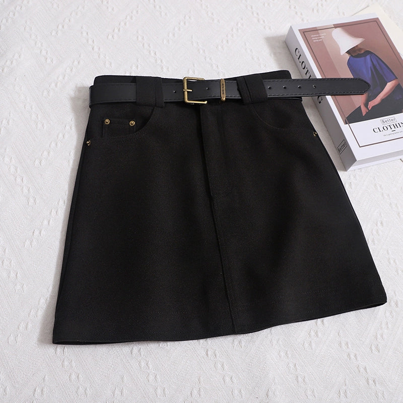 New Korean Version Retro Casual Thin And Versatile Anti-Walking Skirt Hip Skirt Belt A-line Skirt