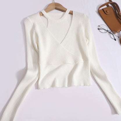 Elegant Cut-Out Halter Neck Long-Sleeved knitted Slim Cross Crop Top