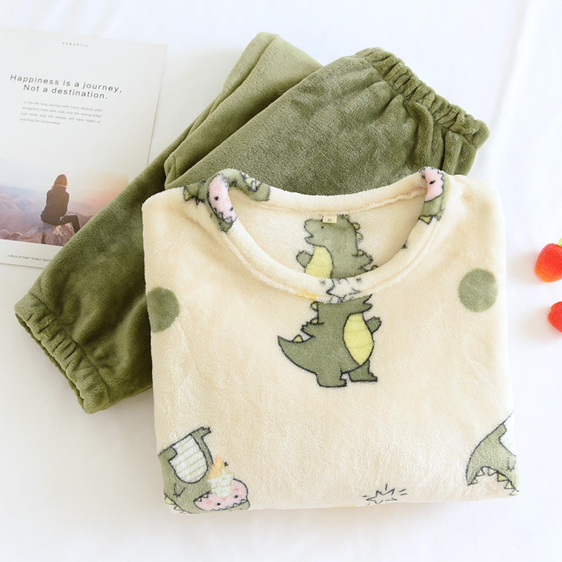 Little Dinosaur Printed Flannel Suits Warm and Thickened Comfortable Loungewear For Autumn and Winter