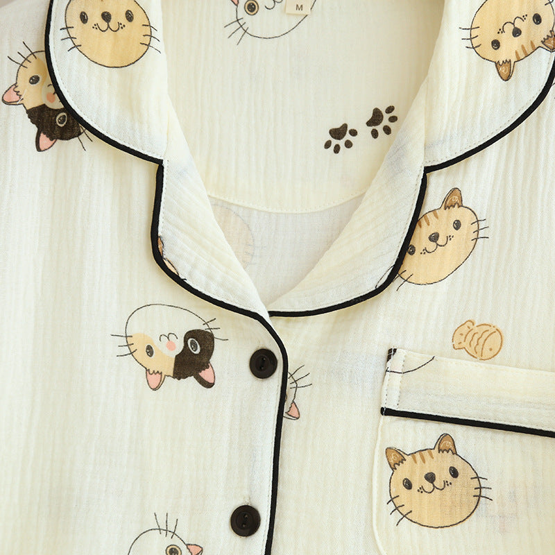 Cotton Yarn Loungewear Pajamas with Cartoon Print And Lapel Collar