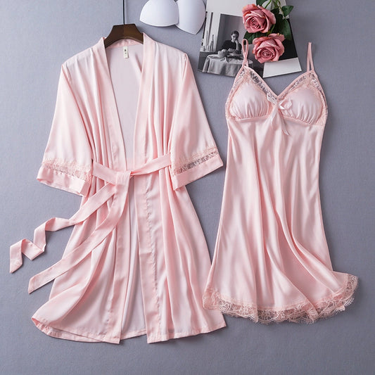 Women's summer sexy ice silk thin lace suspender nightdress set with chest pads