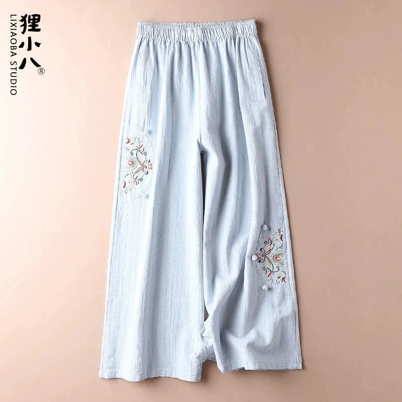 Summer Retro Style Embroidered cotton and linen slacks, women's pant