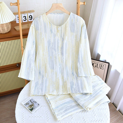 Pajamas cotton women's summer class A thin cotton yarn striped cropped sleeve cropped pants cotton loungewear set