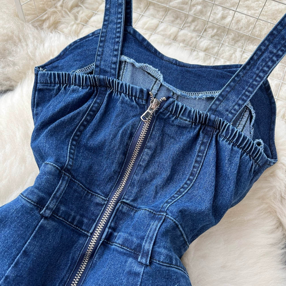 Women's Summer Retro Style Camisoles Denim Jumpsuits Waist Slim Fit Thin Wide-Legged Trousers