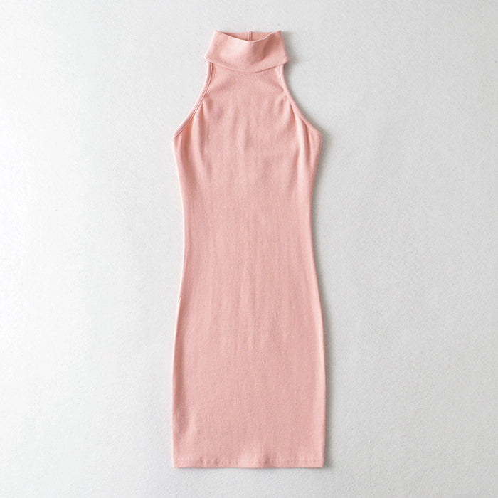 Simple Solid Colour Open Back, High Neck, and Slim Fit  Dress