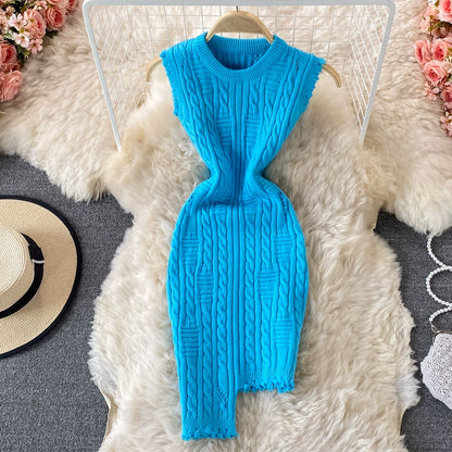 Sophisticated Spring  Sleeveless Knitted Vest Round Neck Dress