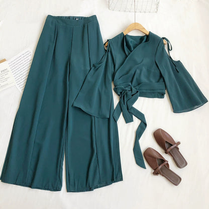 Fashionable Temperament V-Neck Tie Waist Short Bell Sleeve Shirt With High-Waisted Slit Wide-Leg Pants