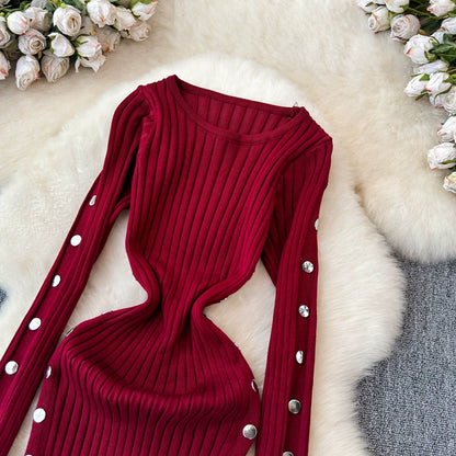 Women's Knitted Round Neck Long Sleeve Slim Hip Bodycon Dress For Winter