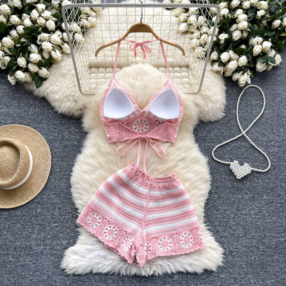 Women's Chic Sexy Cutout Hook Halter Neck Strappy Vest & High Waist Knit Shorts Resort Style Suit