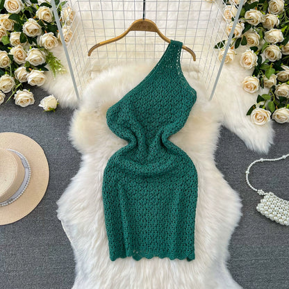 Slanted Collar, Off-Shoulder, Waist Thin, Short Cut-Out knitted buttocks Bodycon