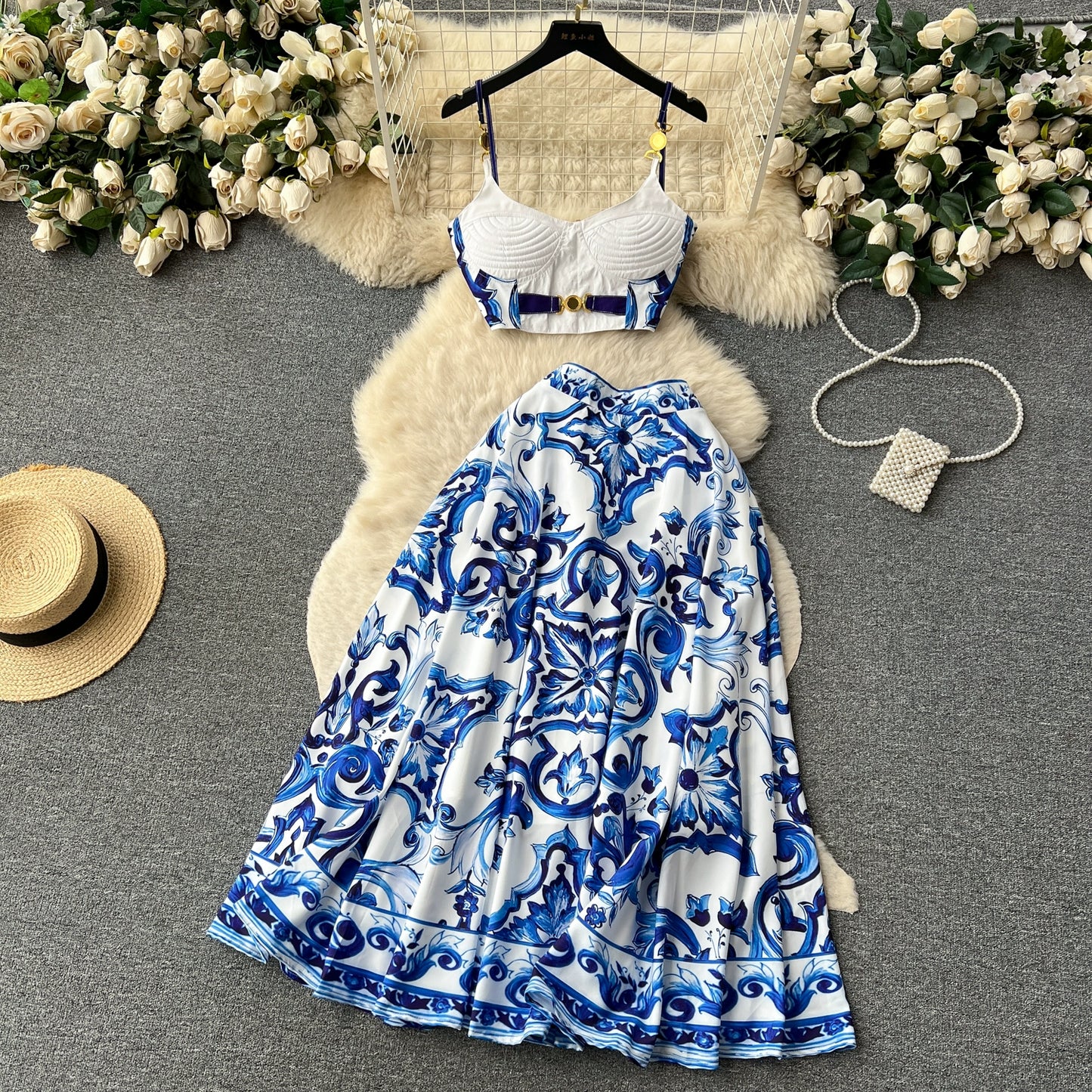 European and American Luxury Style Women's Printed Camisole and High-Waisted Skirt Set