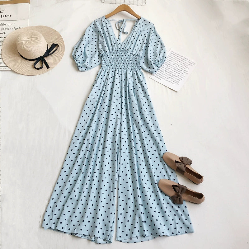 Summer V-neck polka-dot high-waist lace-up bubble short-sleeved jumpsuit