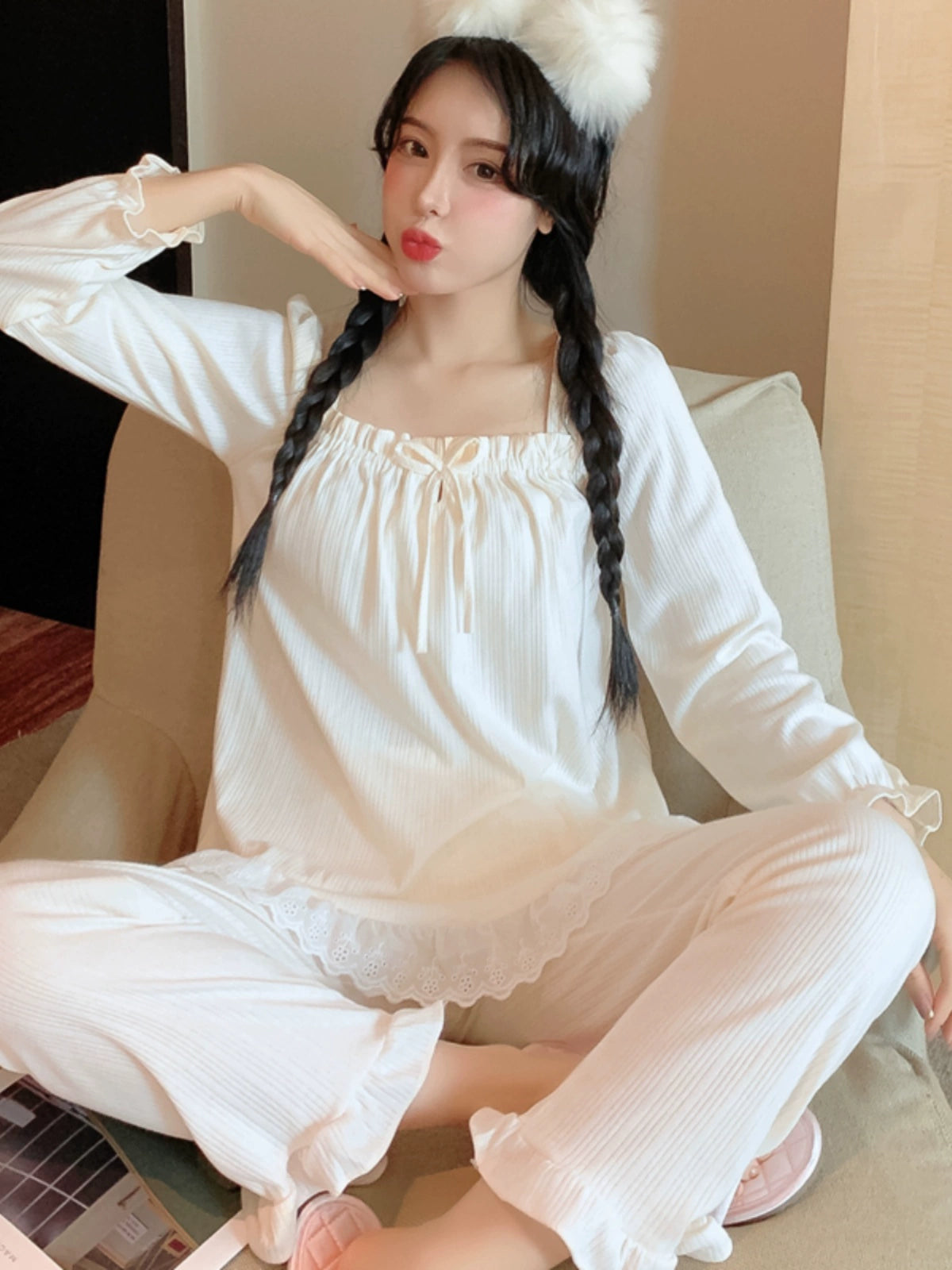 Women's Seasonal Long Sleeve Cotton Fairy Style  Loungewear Set