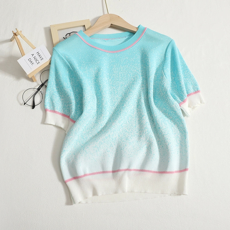 Versatile Colorful Gradient knitwear Round Neck Short Sleeve Summer Casual T-shirt Top For Summer