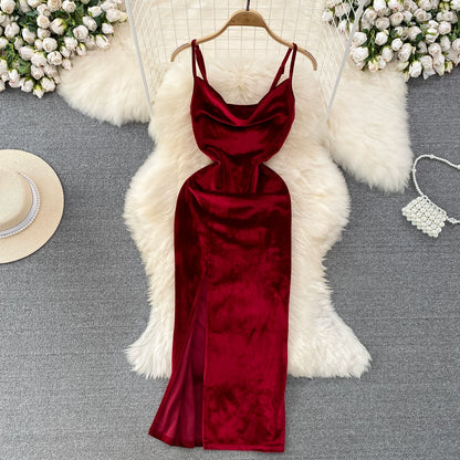 Elegant Hepburn-Inspired Velvet Swing Neck Cinched Waist and Midi Length Bodycon Dress