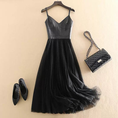 Luxury V-Neck Black Dotted Chiffon Net Dress