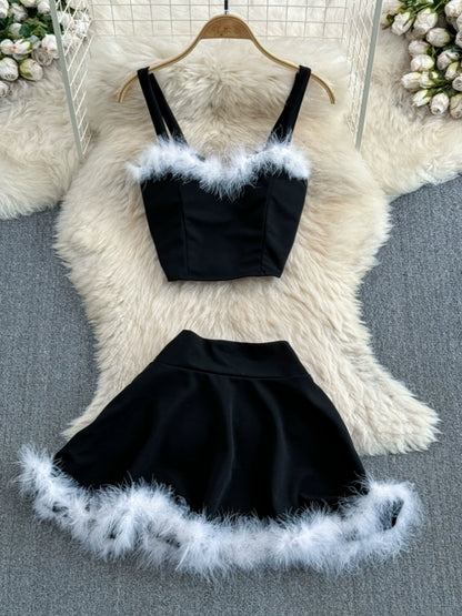 Chic High-Waisted A-Line Skirt with a Festive Fur Patchwork Camisole