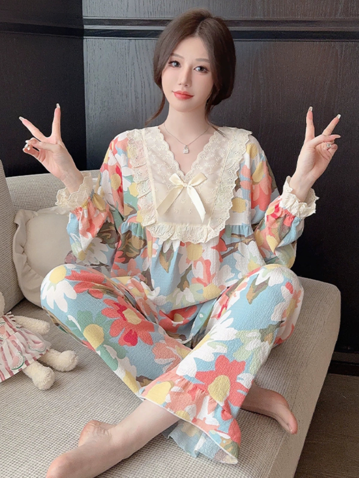 Ladies Long Sleeve Loungewear Floral Pajamas Set