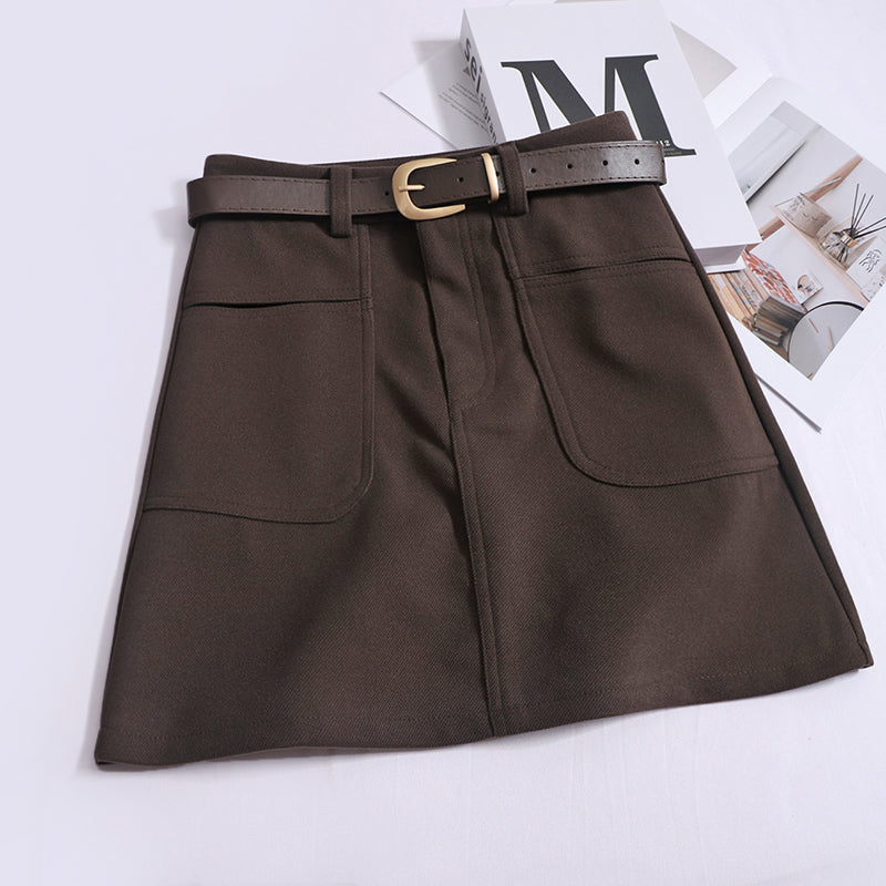 Women's Autumn And Winter New High-Waisted Slim Hip Skirt A-Line Pocket Woolen Cargo Short Skirt