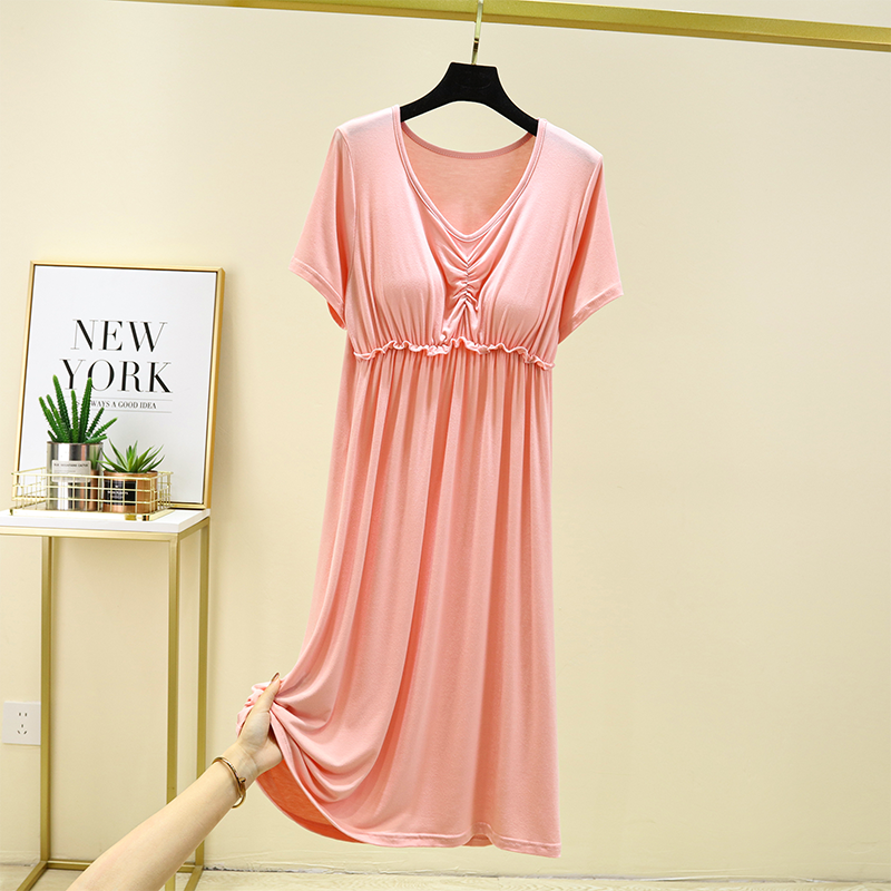 Solid Color, women's summer friendly Short Sleeve Nightdress with bra pad