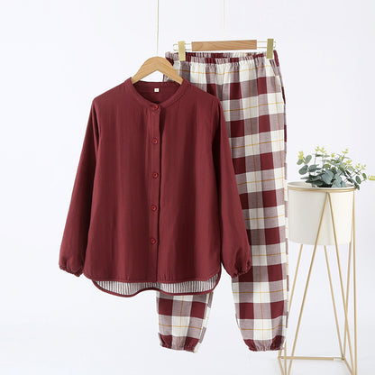 Women's Cotton Double-Layer Yarn Non-Printed  Thin Stand-up Collar Loungewear For Spring And Autumn