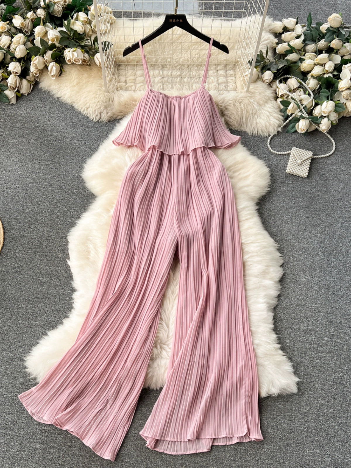 Women's Sweet Ruffle Bandeau Slim Long Heavy Pressed Pleated Suspender Wide-Leg Pants Jumpsuit