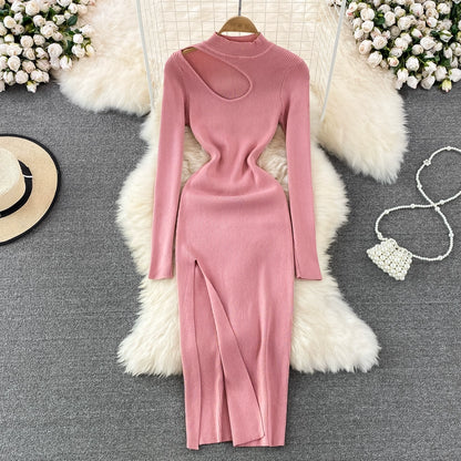 Women's Winter Slim Fit Knitted Bodycon Dress With Long-Sleeved Stand-Collar