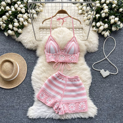 Women's Chic Sexy Cutout Hook Halter Neck Strappy Vest & High Waist Knit Shorts Resort Style Suit