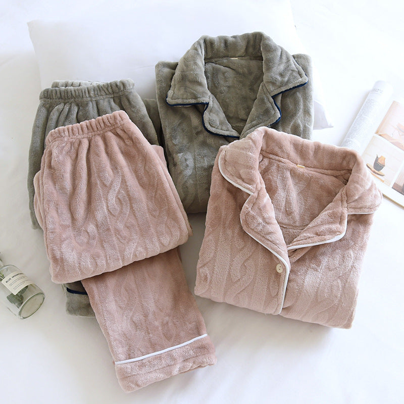 Couple PJs Coral Velvet Thickening Air flannel Pink Women And Grey men's autumn and winter Loungewear Suit