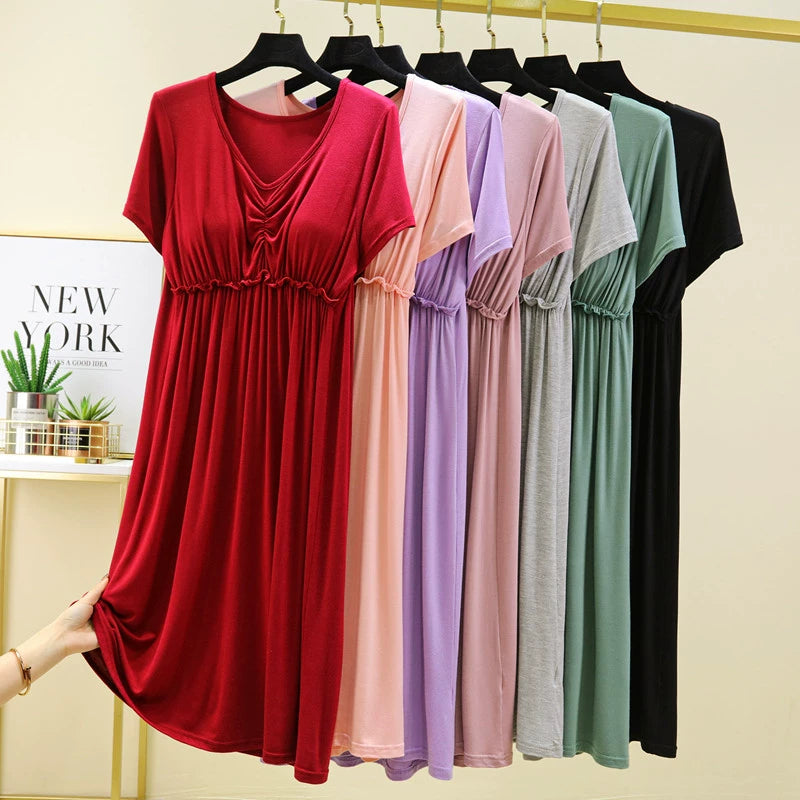 Solid Color, women's summer friendly Short Sleeve Nightdress with bra pad