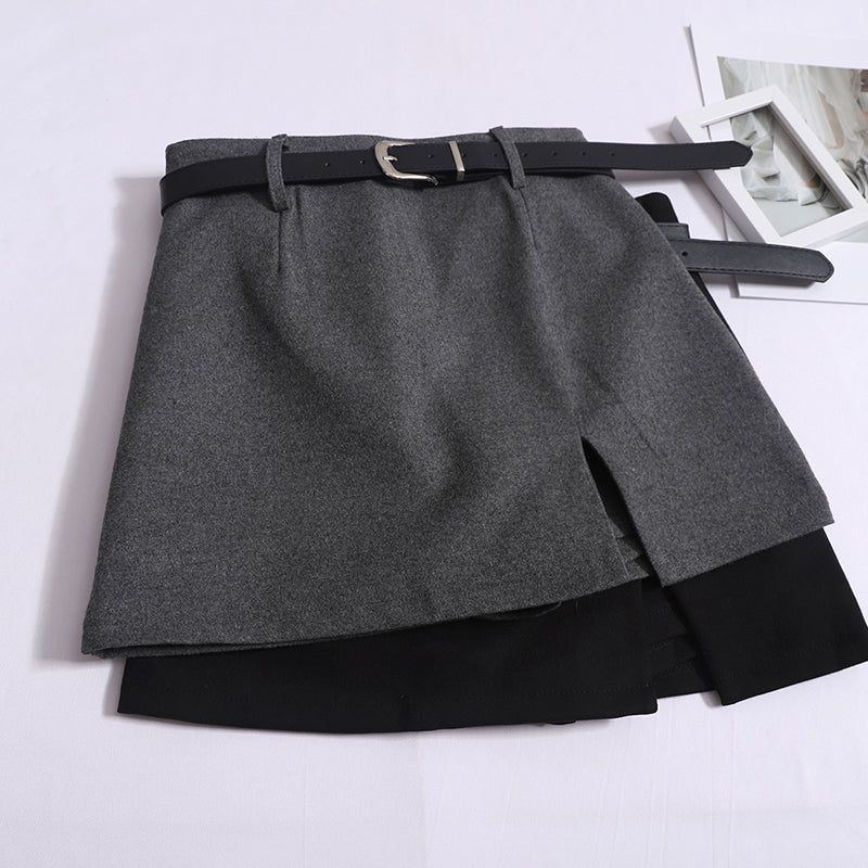 Women's Autumn And Winter Korean Version Casual Slim High-Waisted Hip Slit Skirt With Belted Skirt