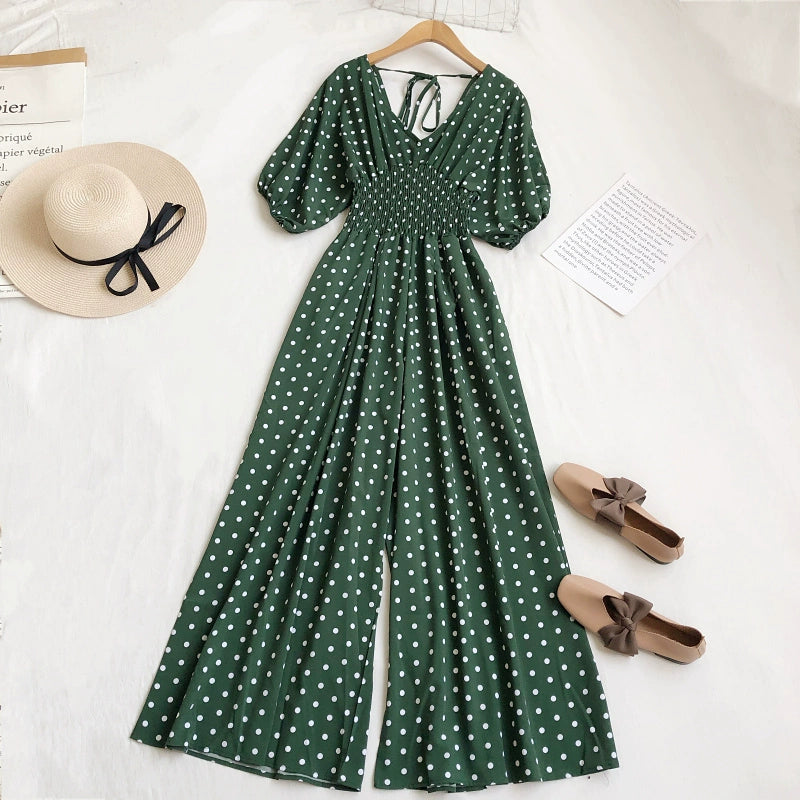 Summer V-neck polka-dot high-waist lace-up bubble short-sleeved jumpsuit