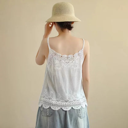 Cutout Lace Cotton Linen Camisole Women's Summer Undershirt Lace Top