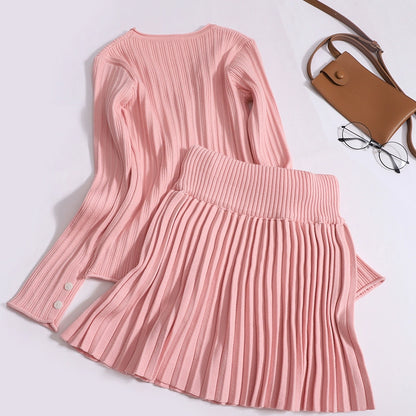 Versatile Korean Knitted Version With V-Neck Long-Sleeved High-Waist Pleated Skirt Two-Piece Set