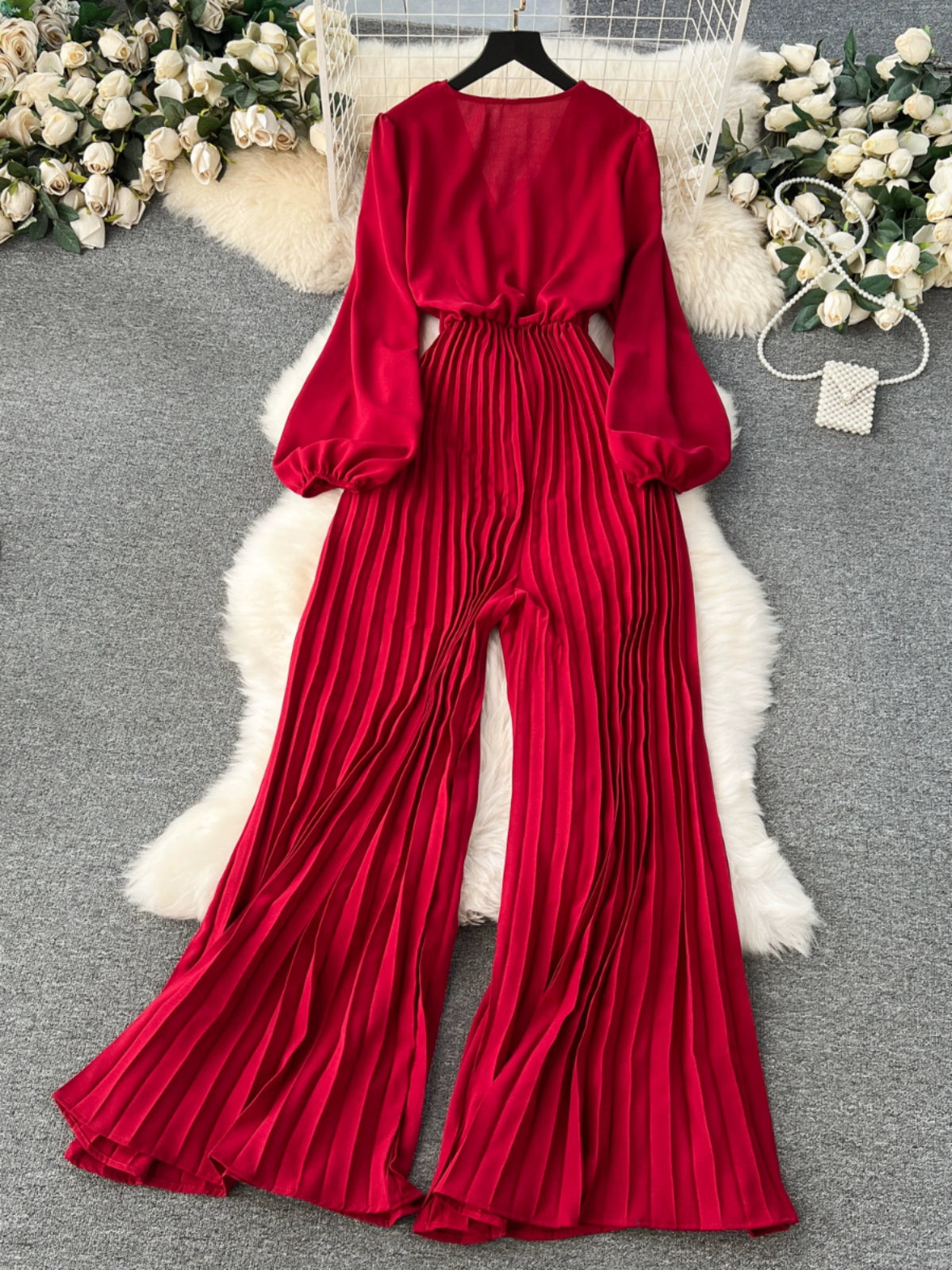 European And American Spring V-Neck Puff Sleeve Tie Waist Long Pressed Pleated Wide-Leg Pants Jumpsuit