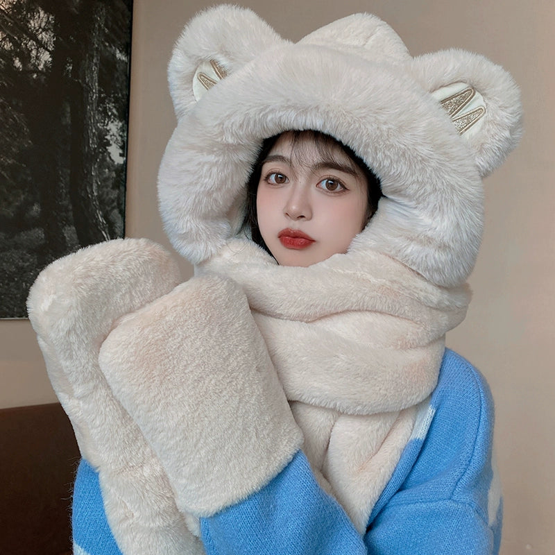 Cute Bear Hat Winter Plush Thickened Warm Hat Hooded Scarf Gloves All-In-One Set