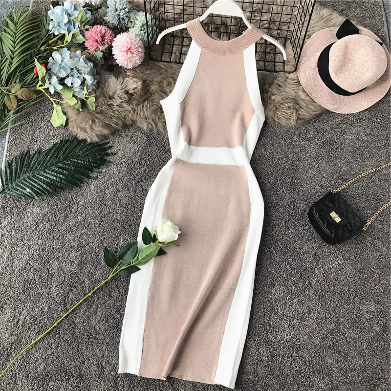 Elegant Off-Shoulder Halter Neck Black and White Bodycon Dress