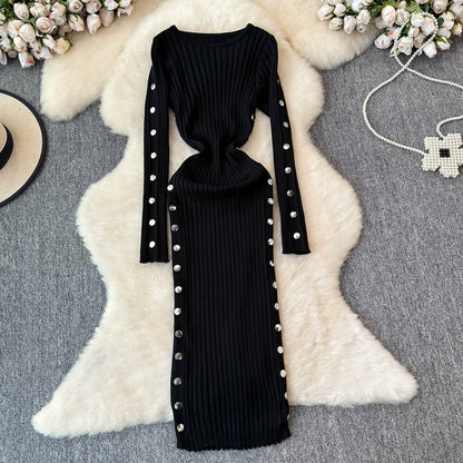 Women's Knitted Round Neck Long Sleeve Slim Hip Bodycon Dress For Winter