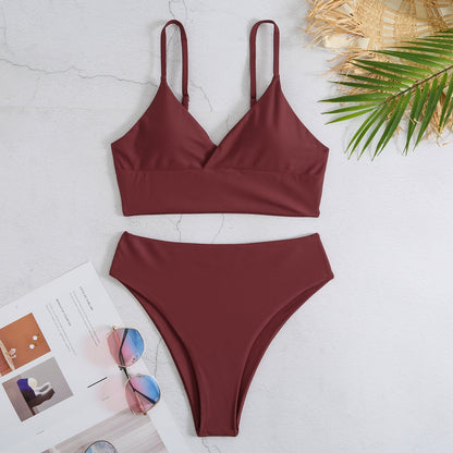 Europe And American Style High Waist Solid Color Bikini Swimsuit