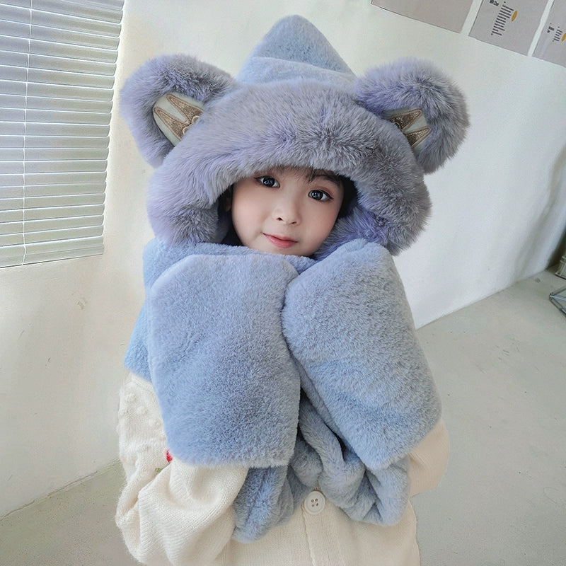 Cute Bear Hat Winter Plush Thickened Warm Hat Hooded Scarf Gloves All-In-One Set